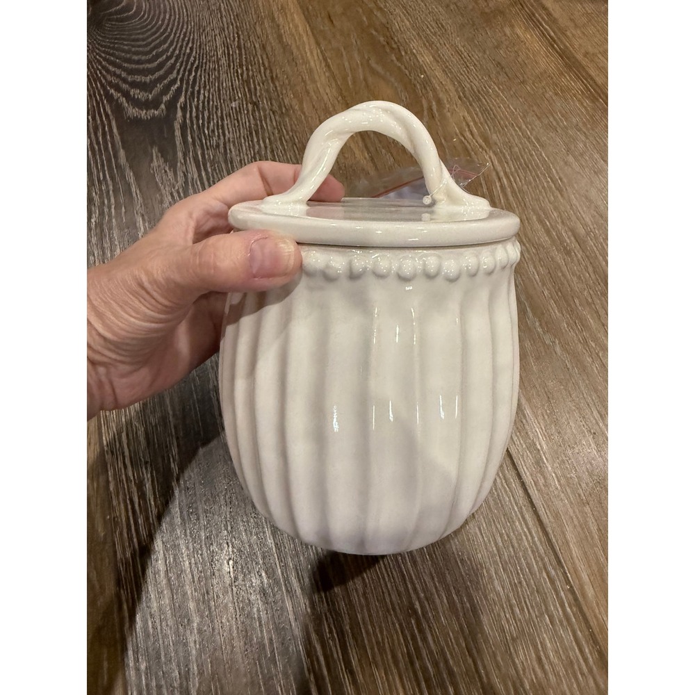 Threshold Classical Ceramic Canister Small White Ribbed Beaded Food Safe Jar Lid